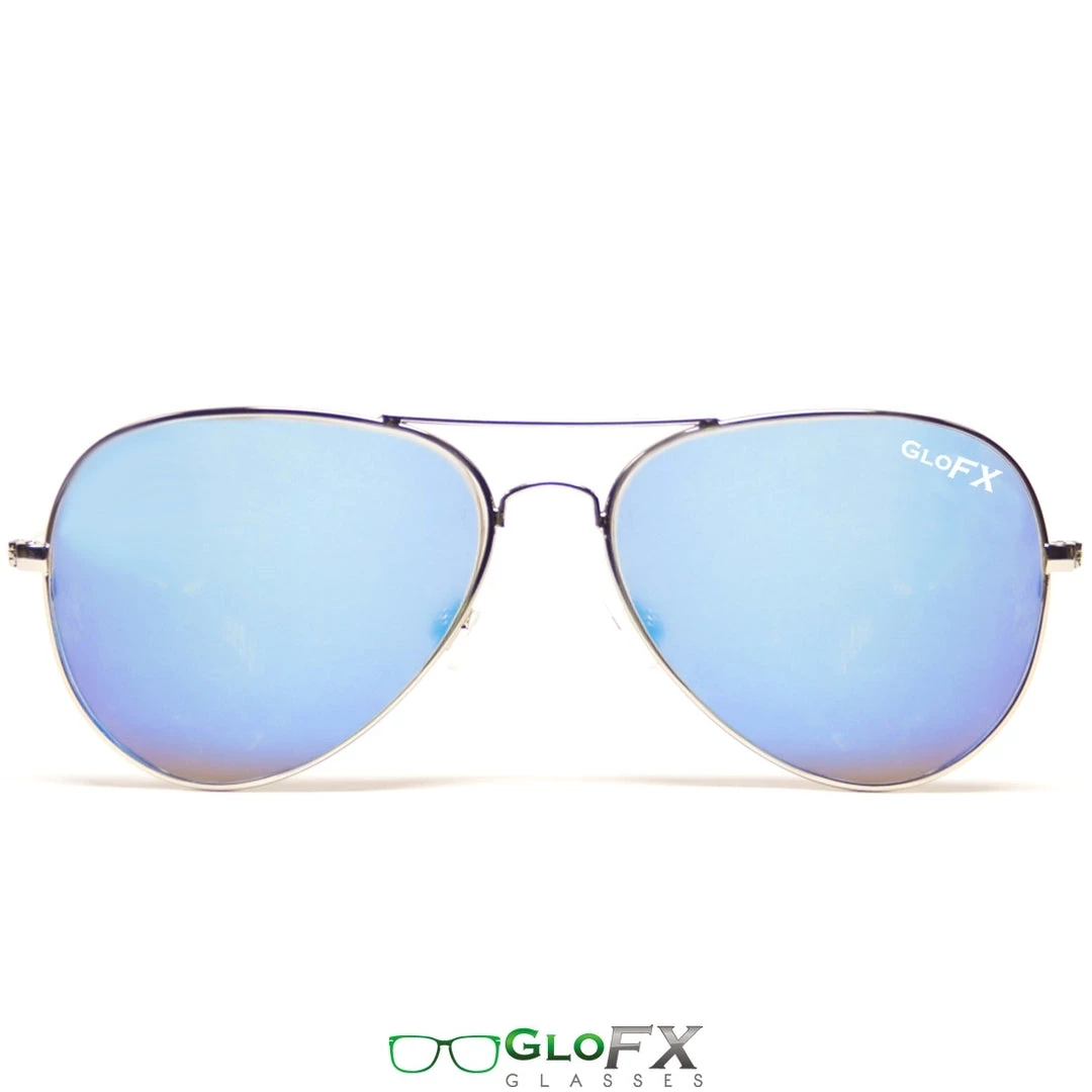 GloFX Metal Pilot Aviator Style Diffraction Glasses - Blue Mirror New In 3 GloFX Metal Pilot Aviator Style Diffraction Glasses - Blue Mirror New In