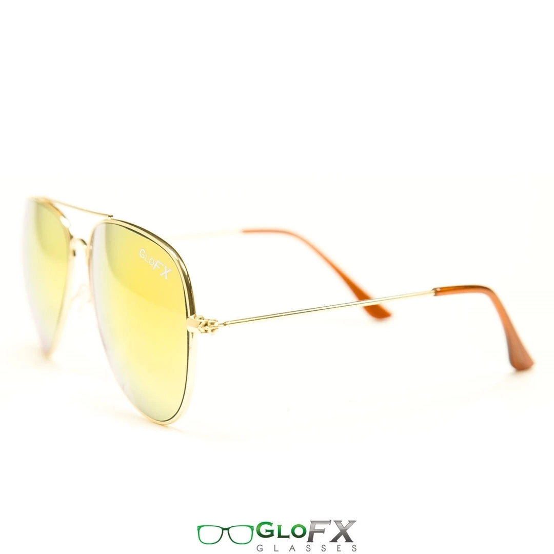 GloFX Metal Pilot Aviator Style Diffraction Glasses - Gold Mirror 4 GloFX Metal Pilot Aviator Style Diffraction Glasses - Gold Mirror