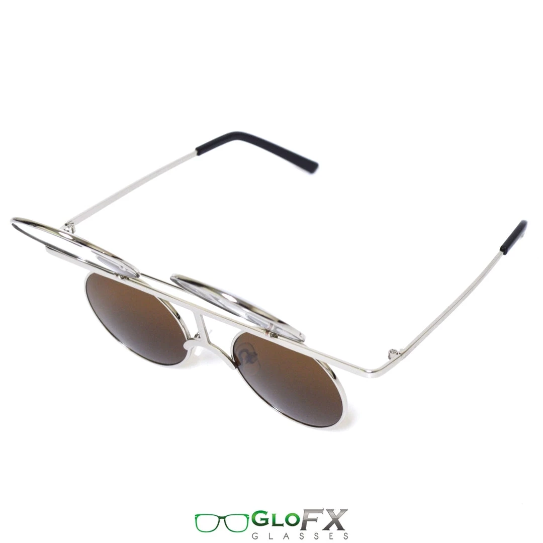GloFX Vintage Flip Round Diffraction Glasses - Silver - Silver Mirror 10 GloFX Vintage Flip Round Diffraction Glasses - Silver - Silver Mirror