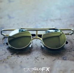 GloFX Vintage Flip Round Diffraction Glasses - Silver - Silver Mirror 20 GloFX Vintage Flip Round Diffraction Glasses - Silver - Silver Mirror