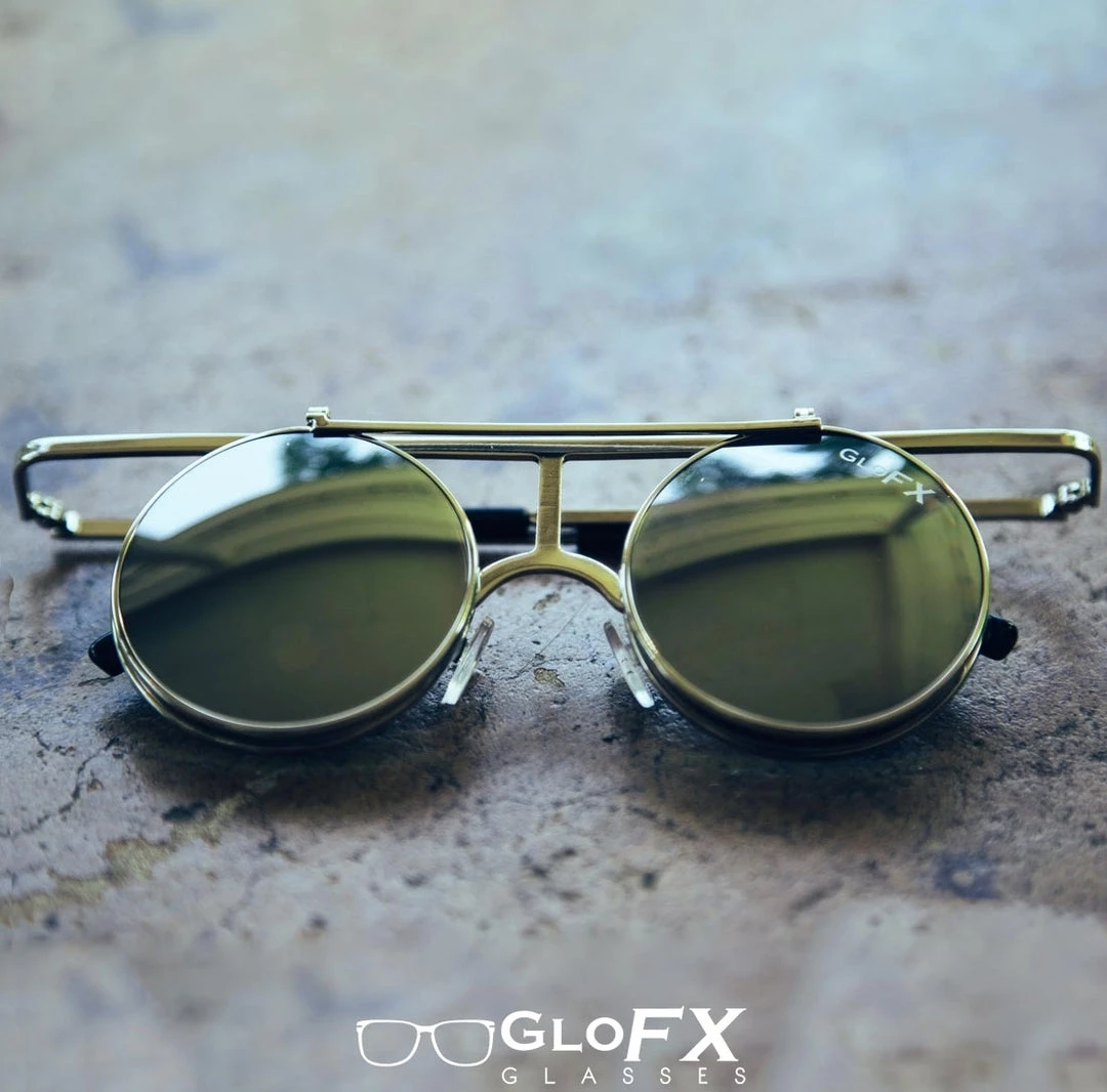 GloFX Vintage Flip Round Diffraction Glasses - Silver - Silver Mirror 11 GloFX Vintage Flip Round Diffraction Glasses - Silver - Silver Mirror