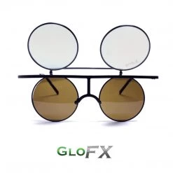 GloFX Vintage Flip Round Diffraction Glasses - Black - Gold Mirror