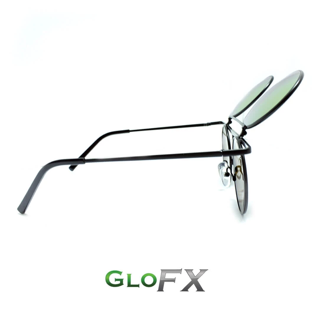 GloFX Vintage Flip Round Diffraction Glasses - Black - Gold Mirror 7 GloFX Vintage Flip Round Diffraction Glasses - Black - Gold Mirror