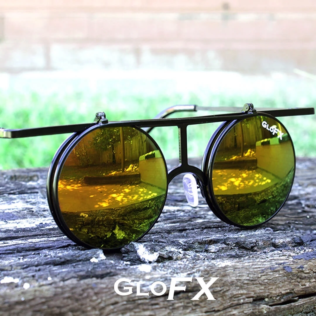 GloFX Vintage Flip Round Diffraction Glasses - Black - Gold Mirror 9 GloFX Vintage Flip Round Diffraction Glasses - Black - Gold Mirror
